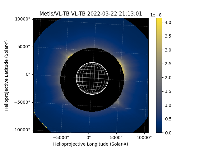 A plot from sunpy of a Metis Map showing a visible-light total-brightness coronagraph image.