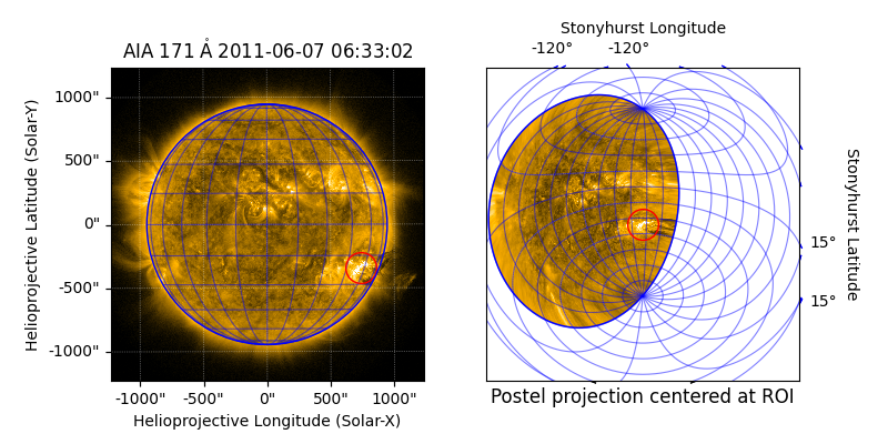 AIA $171 \; \mathrm{\mathring{A}}$ 2011-06-07 06:33:02, Postel projection centered at ROI